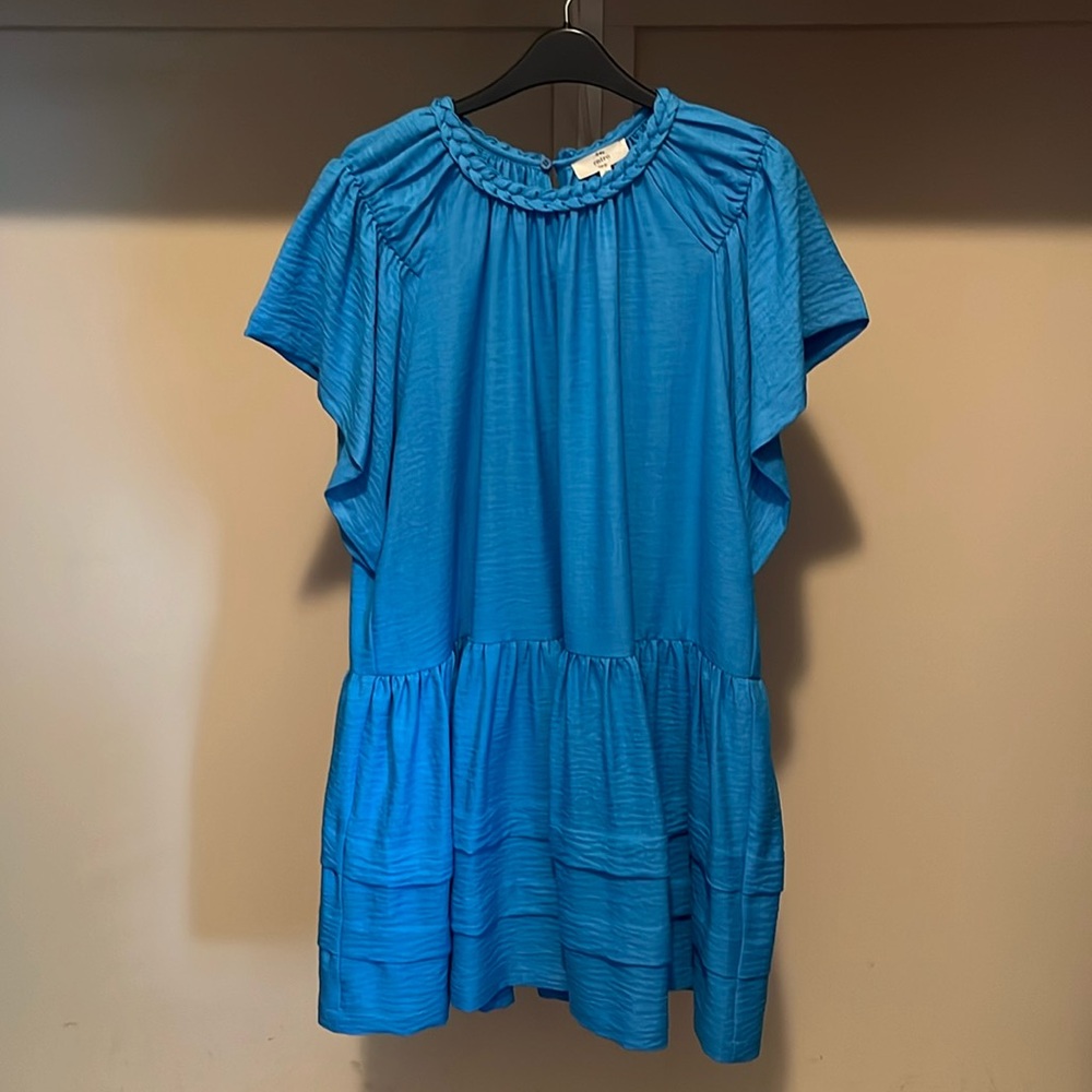 Entro Blue Dress with Flutter Sleeves and Peplum Hem